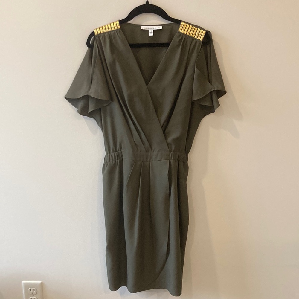 Olive Green Dress w/ Gold Studded Shoulder Detail